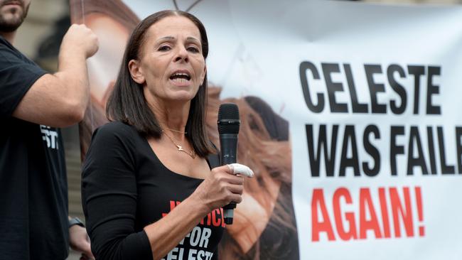 Celeste Manno's mother Aggie Di Mauro speaks at a rally outside Parliament House on Sunday. Picture: Andrew Henshaw