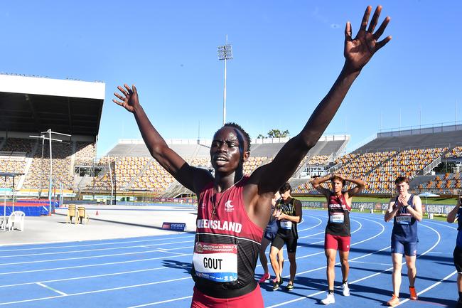 Gout Gout after winning the 200m. Australian All Schools track and field championships in Brisbane. Saturday December 7, 2024. Picture John Gass