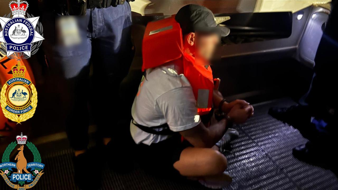 Authorities arrest fugitive Hussein Chamas and two other people aboard a yacht in the Arafura Sea, off the NT coast, on January 26, 2025. Chamas had been wearing an ankle bracelet when he left Connect Global on January 8. Picture: AFP