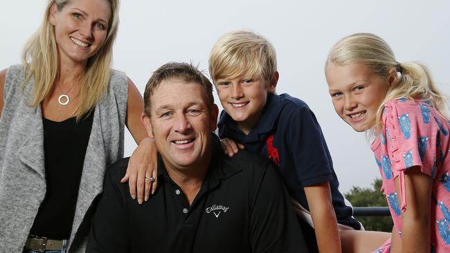 Former Melbourne star David Schwarz with his wife Karen and his kids Cooper and Indiana at his home in Barwon Heads, Melbourne. 6th March 2015. Picture: Colleen Petch.