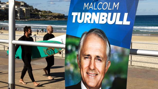 Malcolm Turnbull’s advertising in his blue-ribbon Liberal seat of Wentworth in Sydney’s eastern suburbs. Picture: AFP/William West