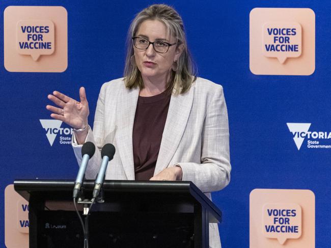 Transport Infrastructure Minister Jacinta Allan announcing construction industry restrictions will ease from nect week. Picture: Daniel Pockett