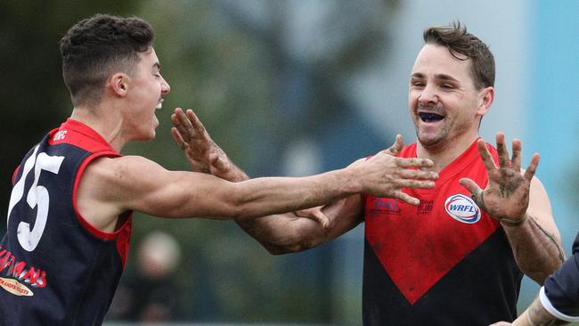 St Albans star Tim Jenkins celebrates a goal in the WRFL. Picture: Local Legends Photography