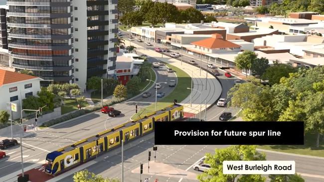 The tram entering Burleigh Heads near where a potential future spur line will run.