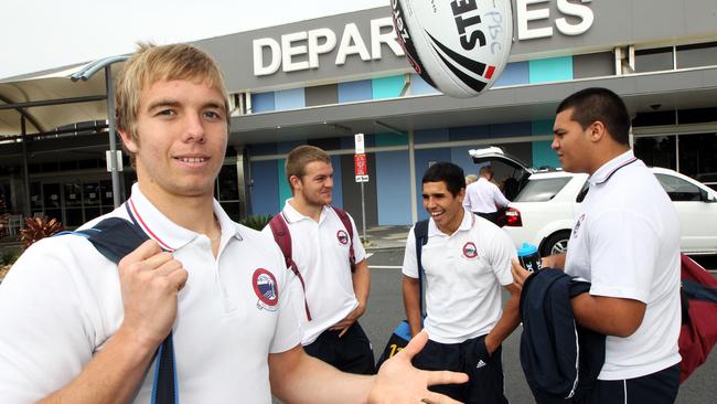 Palm Beach Currumbin high school rugby league players have been selected to play in the Australian School boys team and are departing for Sydney to play in a final. (L-R) Kane Elgey, Sam Harrold, Jamal Fogarty and Lloyd Perrett.