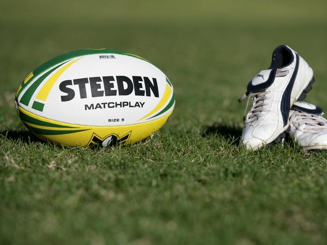 Generic rugby league NRL Steeden ball and football boots. Picture: Isabella Lettini