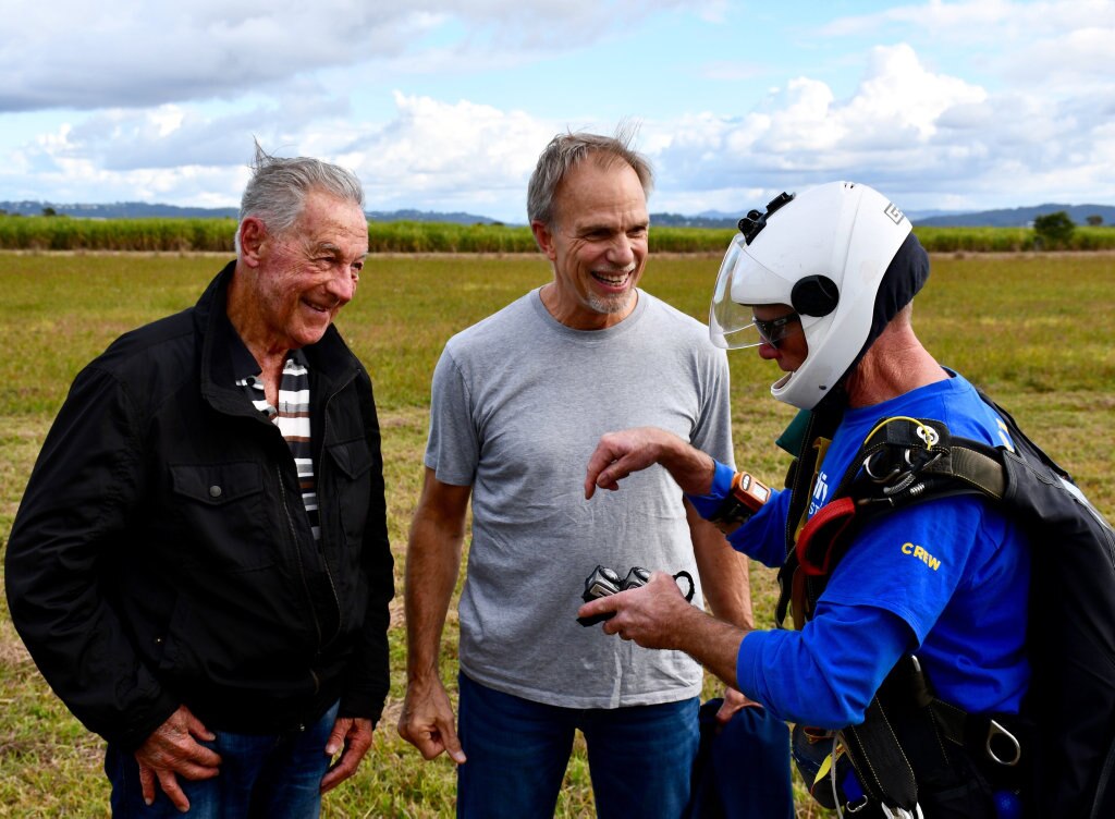 Bob Sherwell, who is about to turn 87, shares his second charity skydive with Pastor Joel Baker, of Flametree Baptist Church.