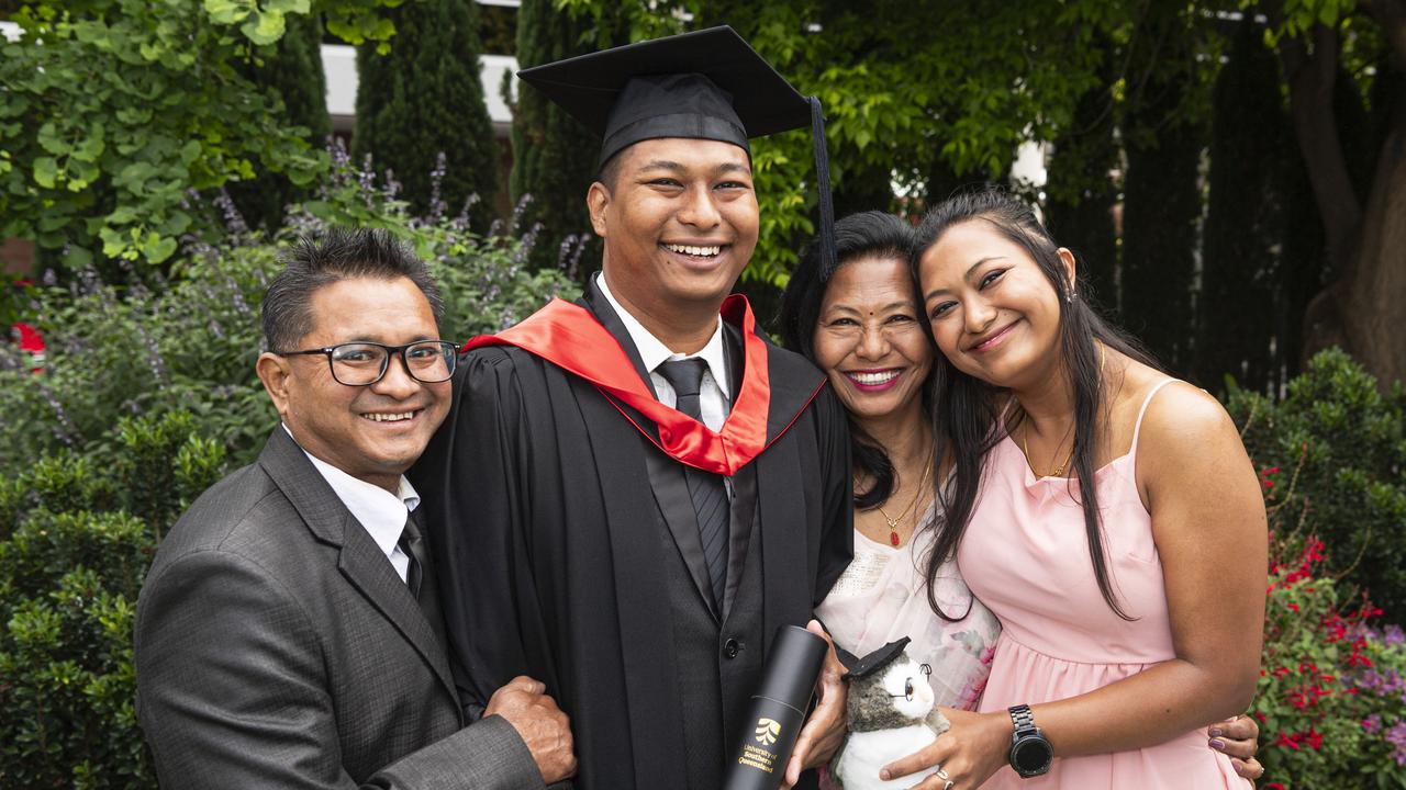 Master of Cyber Security graduate Danyu Rajbahak with dad Dev Kumar Rajbahak, mum Neki Rajbahak and sister Neki Rajbahak at a UniSQ graduation ceremony at The Empire, Wednesday, October 30, 2024. Picture: Kevin Farmer