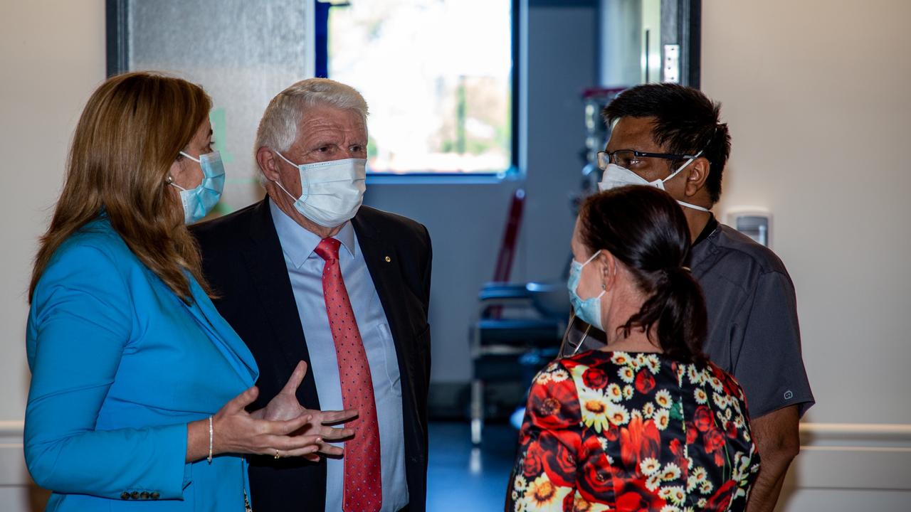 Premier Annastacia Palaszczuk, Health Minister Yvette D'Ath and Darling Downs Health and Hospital Service chairman Mike Horan speak to a Kingaroy Hospital healthcare worker. Picture: Dominic Elsome