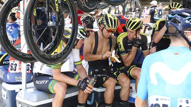 Teammates Alex Edmondson, Caleb Ewan and Mathew Hayman before the final stage of the Tour Down Under. Ewan ran second behind Andre Greipel in the city. Picture: Sarah Reed.