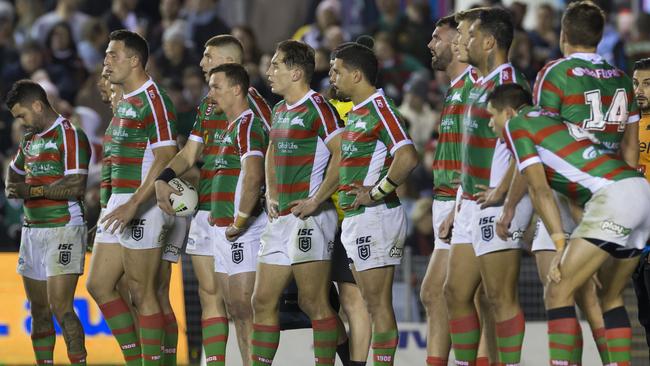 Souths players watch on after a Cronulla try. Picture: AAP