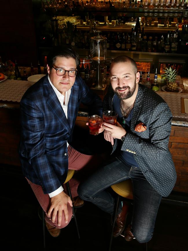 Melbourne bar owner Sam Ross (right), pictured with Mad Men’s Rich Sommer at last year’s Melbourne Cup Carnival. Ross’s bar Attaboy in New York has been named the fifth best in the world. Picture: Andrew Tauber