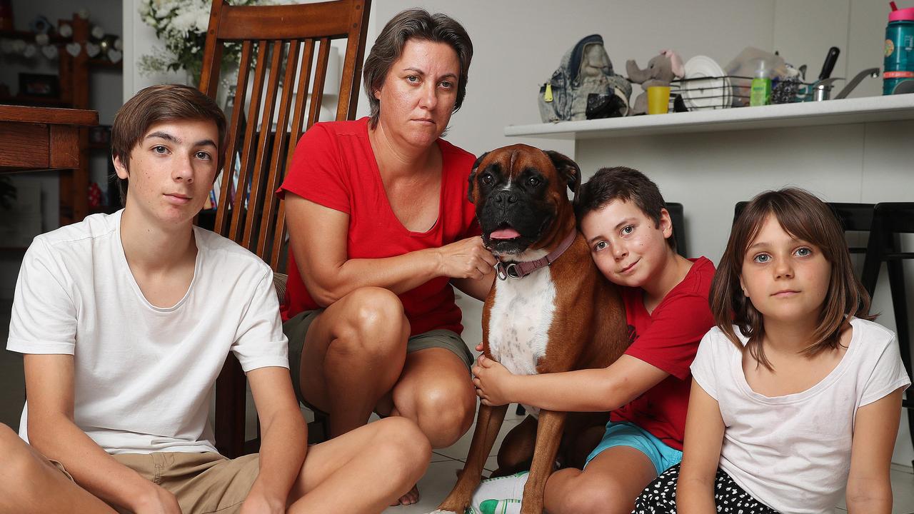 Catherine Frewer, widow of cyclist Cameron Frewer, with their three children Lachlan, Heidi and Oscar, and dog Herbie. Picture: Peter Wallis