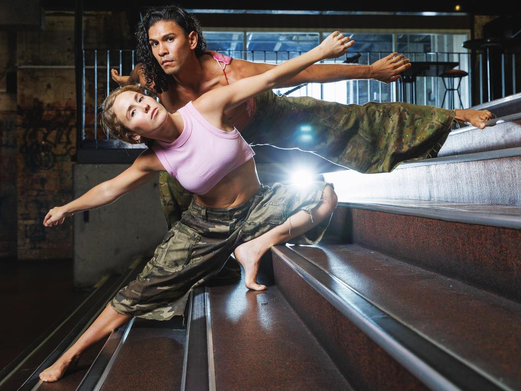 Tyrel Dulvarie and Georgia Van Gils, set to perform in Australasian Dance Collective’s show THREE, practice at Brisbane Powerhouse. Picture: Lachie Millard