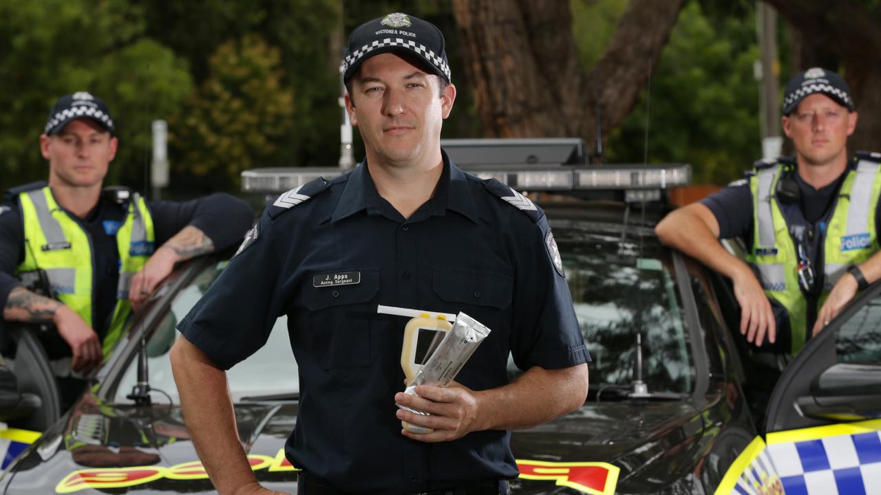 Maroondah Highway Patrol completed operation Isa Brown late last year, doing drive-bys of drug-driving offenders during their regular patrols. Sen Constable Julian Apps with Scott Williamson and Cameron Box. Picture: George Salpigtidis