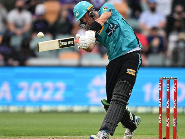 James Bazley hits out for the Brisbane Heat against the Hobart Hurricanes in January, 2022. Picture: Steve Bell/Getty Images.