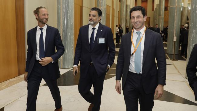 Businessmen Justin Hemmes, left, James Symond and Ryan Stokes arrive at Parliament House for the budget. Picture: Sean Davey