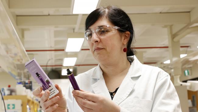 Dr Celine Kelso, School of Chemistry and Molecular Bioscience at the University of Wollongong, tests some vapes. Picture: Jonathan Ng