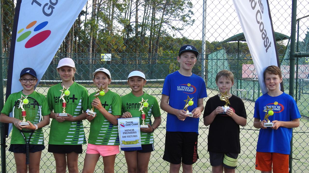 Tennis Gold Coast winners (from left to right): Ana Lipovac, Iris Dedos, Ngaire Caple, Sasha Tedeschi, Brock Alexander, Blake Jenkins, Angus Nipperess. Pic: Supplied.
