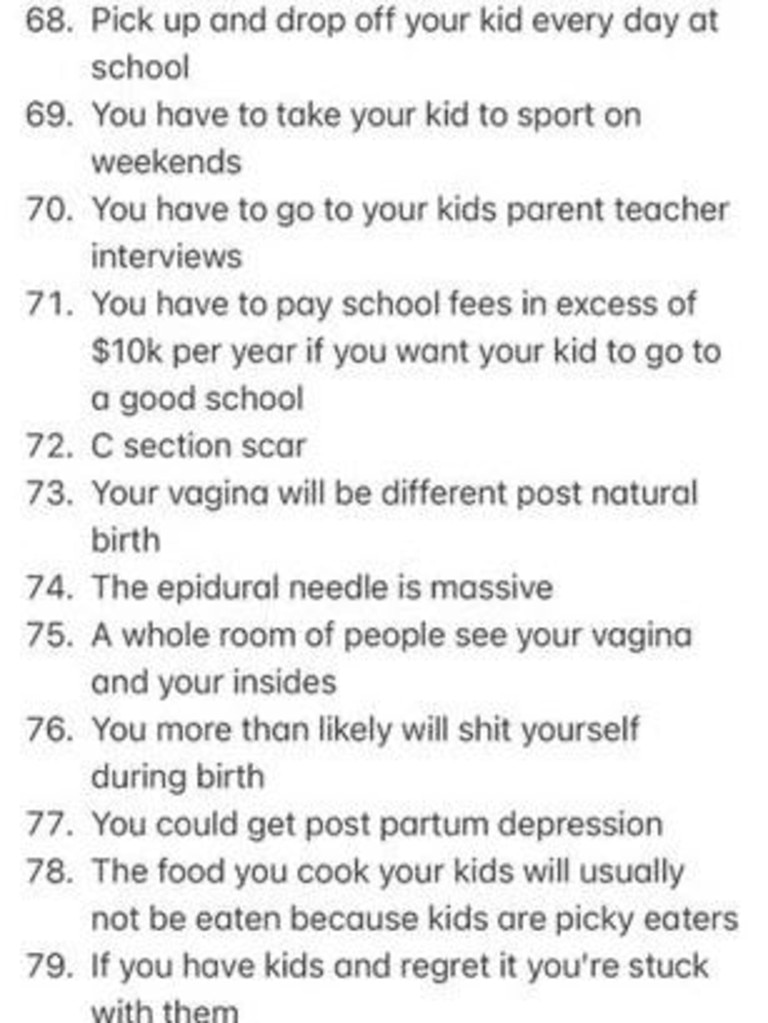 She made a list of 117 reasons she doesn’t want to have children after ‘years of being asked why’. Picture: Instagram