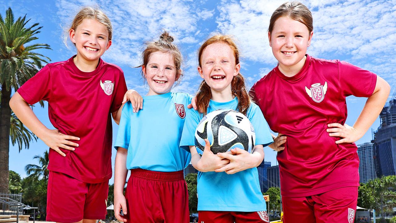 Junior footballers Sarah Dent, 9, Maggie Cawcutt, 6, Maeve Lindeman, 8, and Zara Hemming, 9, at South Bank ahead of the FIFA Women’s World Cup in July. Picture: Tara Croser