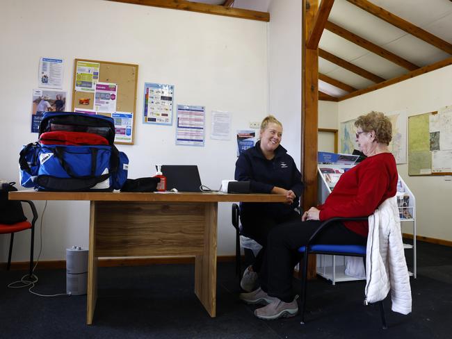 Local Lesley Baker getting checked by primary health nurse Abbey Barrett at the Royal Flying Doctor Service weekly health clinic. Picture: Jonathan Ng