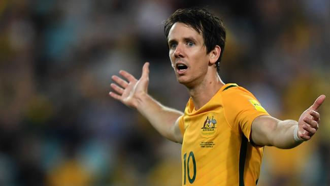 Australia's Robbie Kruse gestures during the 2018 World Cup qualifying football match between Australia and Syria in Sydney. Picture: AAP