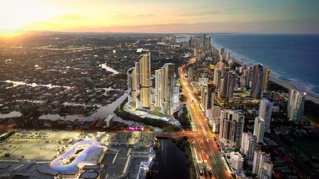 The Star Gold Coast Masterplan Development (viewed from the South) at its island site at Broadbeach where two existing towers will be joined by Tower 1 starting construction in August and a proposed further four towers