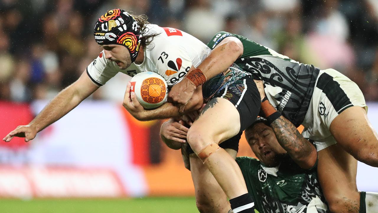 Josh Curran played for the Indigenous All Stars in their 16-10 loss to the Maori All Stars on Saturday night. Picture: Mark Metcalfe/Getty Images