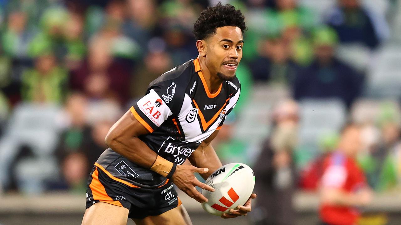 CANBERRA, AUSTRALIA - AUGUST 06: Jahream Bula of the Tigers in action during the round 23 NRL match between Canberra Raiders and Wests Tigers at GIO Stadium on August 06, 2023 in Canberra, Australia. (Photo by Mark Nolan/Getty Images)