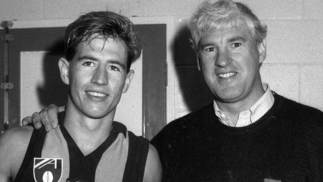 Hawthorn's Paul Hudson with his father Peter Hudson in April 1991. The pair have both been involved with the Marcellin Masters team. Neg: 910407/160