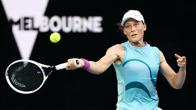 Sam Stosur of Australia plays a forehand against fellow Austrlaian Destanee Aiava on Tuesday night. Picture: Getty Images