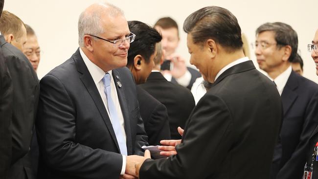 Prime Minister Scott Morrison with President Xi Jinping during the G20 in Osaka, Japan in 2019. Picture: Adam Taylor