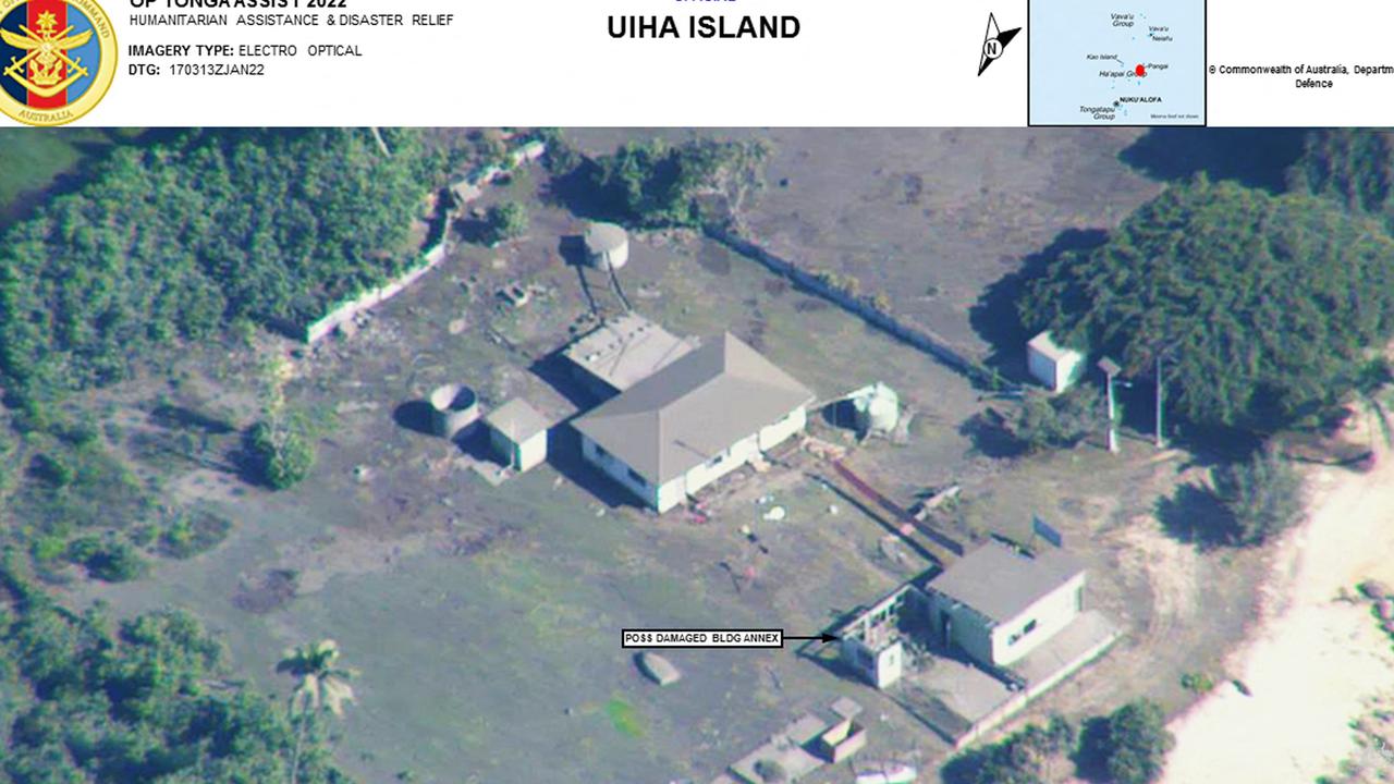 This handout photo taken and released by the Australian Department of Defence on January 18, 2022 shows an aerial image from a reconnaissance flight taken during a mission by a Royal Australian Air Force on Uiha Island in Tonga.