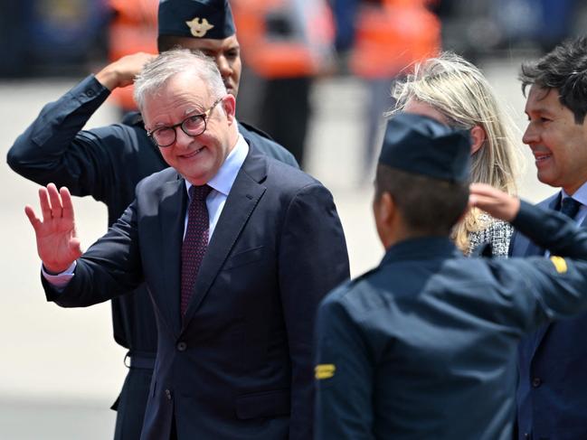 Prime Minister Anthony Albanese and his fiancee Jodie Haydon arriving in Lima for the Asia-Pacific Economic Cooperation (APEC) Summit. Picture: AFP