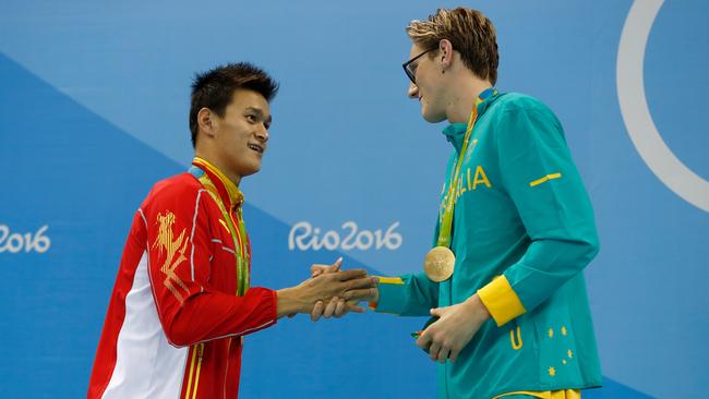 Silver medallist Yang Sun of China and gold medal medallist Mack Horton.
