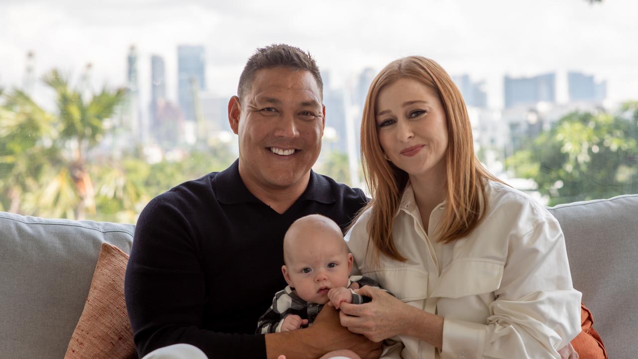 Former Olympic swimmer Geoff Huegill and his partner Roxan Toll and their baby boy Rafe (born August last year, 2021). Pictured together in Singapore. Photographer: Erik Magelssen