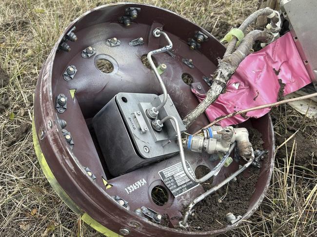 A fragment of a missile fired by Ukraine at the territory of Kursk airport in Russia. Picture: Russian Defence Ministry Official Telegram Channel via AP