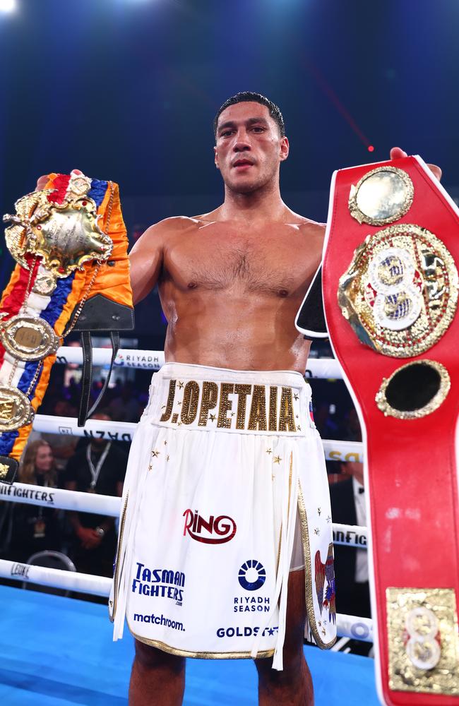 Opetaia celebrates defeating David Nyika during the IBF And Ring Magazine Cruiserweight World Title Fight in January. Picture: Chris Hyde/Getty Images