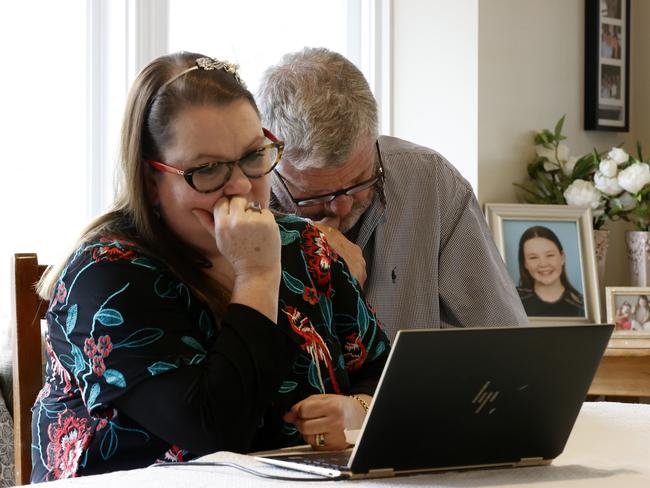 Tilly’s parents watching Erin Molan’s documentary on online bullies. Picture: Jonathan Ng