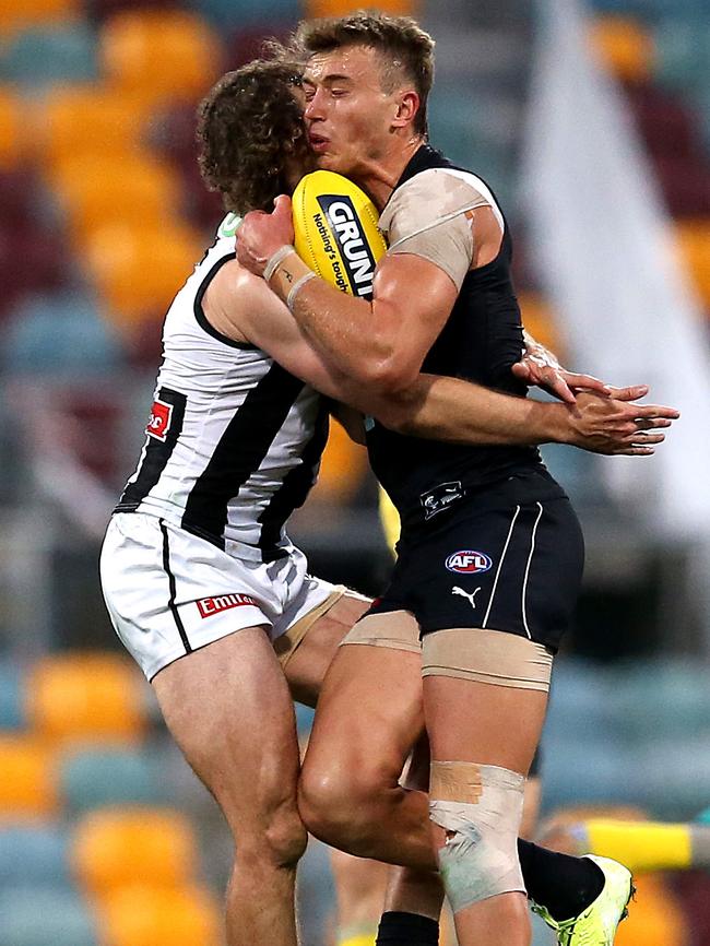 Chris Mayne didn’t take a step back when Patrick Cripps came charging towards him. Picture: Getty