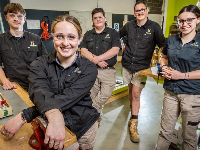 Harvester Technical College is one of the last tech schools in Melbourne west and educates students with an interest in trades from years 10 to 12. Students Lachlan Green (18), Alana Hocking (17), Harvey Brooks (17), Angus Taylor (17) and Amelia Josevski (16). Picture: Jake Nowakowski