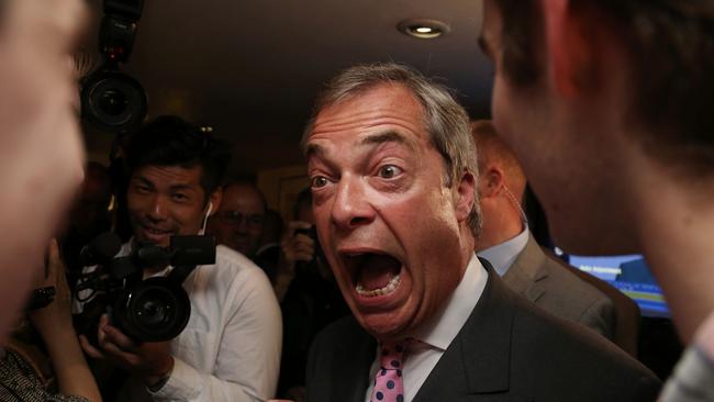 Leader of the United Kingdom Independence Party (UKIP), Nigel Farage reacts as results indicate the UK will leave the European Union. Picture: Geoff Caddick/AFP