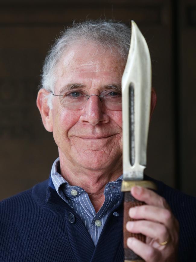 Peter Faiman – the film director of Crocodile Dundee – with the famous 'knife' from the film, in Sydney.