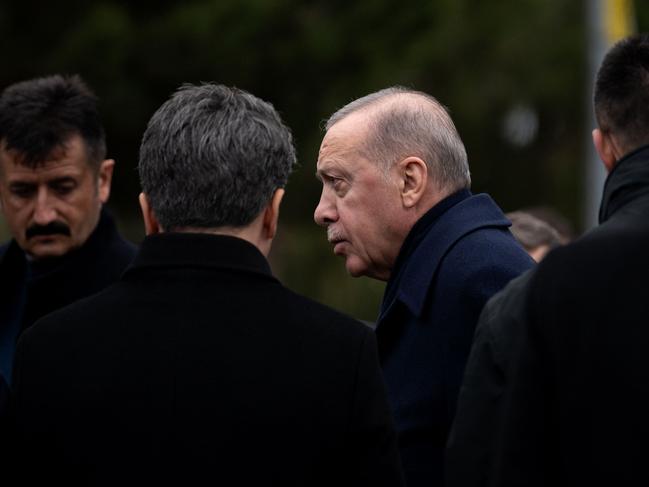 Turkish President Recep Tayyip Erdogan arrives for the funeral of victims. Picture: AFP