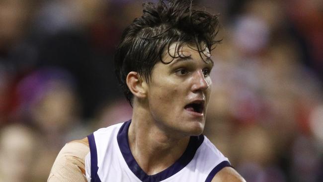 Lachie Shultz of the Dockers runs with the ball during the Round 21 AFL match between the St Kilda Saints and the Fremantle Dockers at Marvel Stadium in Melbourne, Sunday, August 11, 2019. (AAP Image/Daniel Pockett) NO ARCHIVING, EDITORIAL USE ONLY