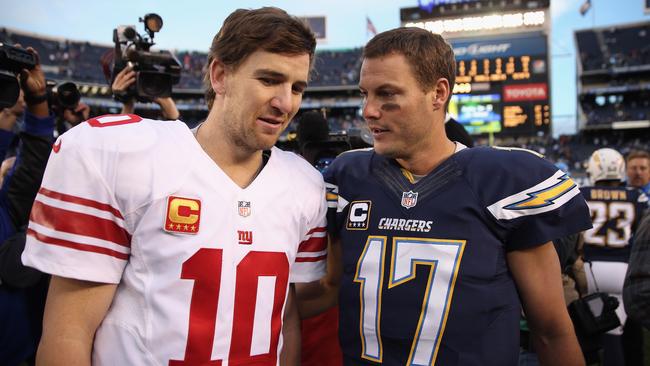 Eli Manning of the New York Giants and Philip Rivers of the then-San Diego Chargers. (Photo by Jeff Gross/Getty Images)