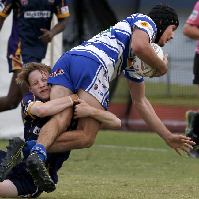 2019 CDRL Under-18s grand final. Edmonton Storm v Brothers Cairns. Storm’s Sean Pyne tackles Brothers’ Matti Moyle. PICTURE: ANNA ROGERS