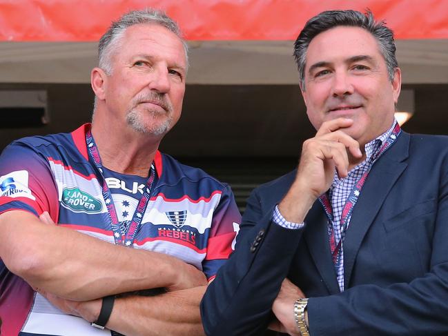 MELBOURNE, AUSTRALIA - MARCH 24:  England cricket legend Ian Botham is seen dressed in a Melbourne Rebels shirt with Rebels Managing Director Andrew Cox (R) during the round five Super Rugby match between the Rebels and the Waratahs at AAMI Park on March 24, 2017 in Melbourne, Australia.  (Photo by Michael Dodge/Getty Images)