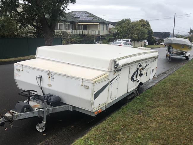 A camping trailer and a boat parked in Ethie Rd, Allambie Heights, on Tuesday. Picture: Jim O’Rourke